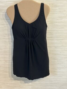 L.L. Bean Black Ruched Tankini Swim Top  Adjustable Straps Size 12 UPF 50+